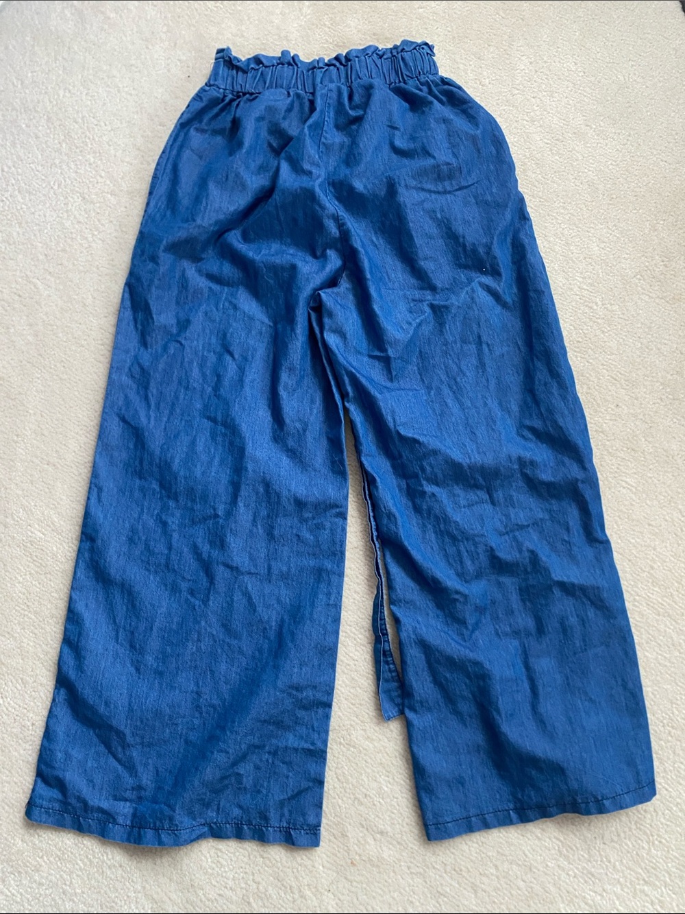 Wide Leg Blue Linen-Blend Pants